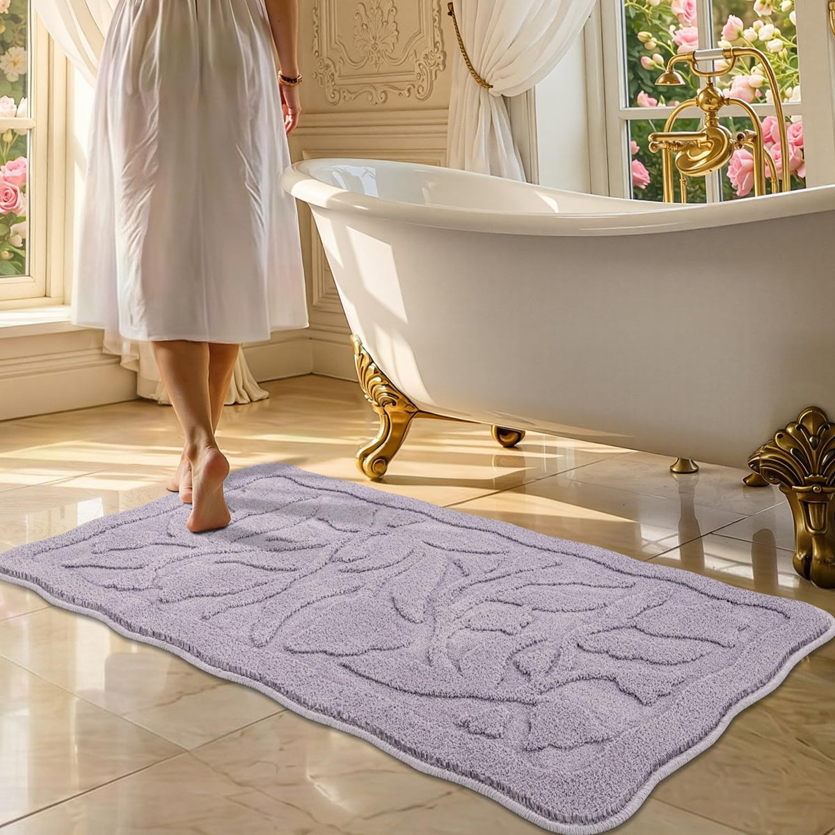 BSICPRO ‌Purple Bathroom Rugs, 24x36 Floral Bath Mats, French Rustic Style