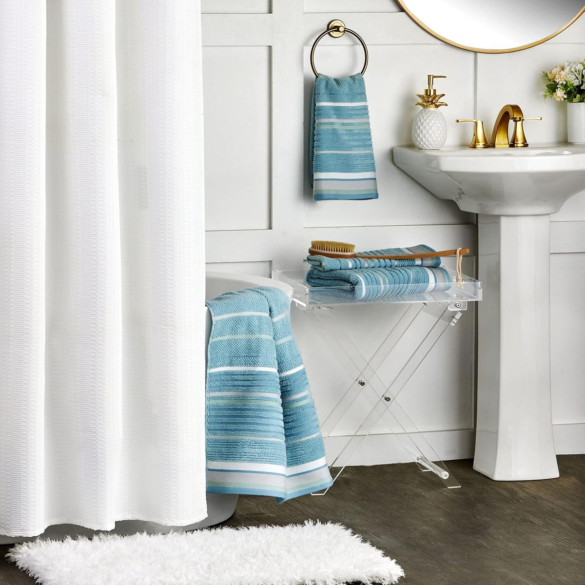 SKL Home Seabrook Stripe Hand Towel Set-2pc, Premium 100% Cotton, Teal