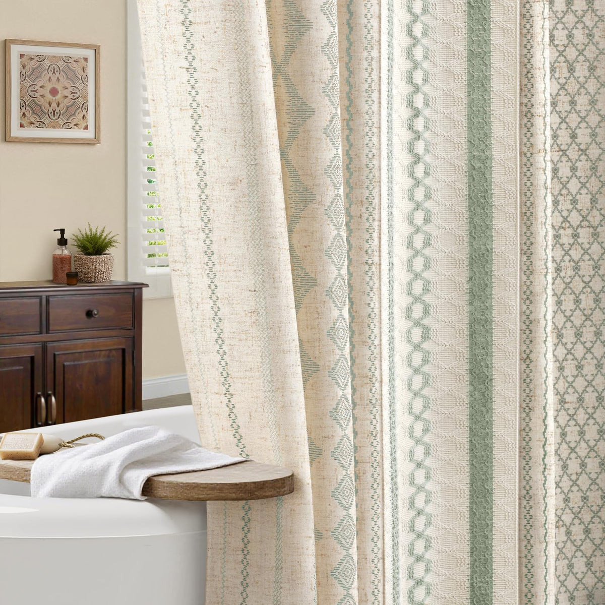 Nave Blue Boho Linen Shower Curtain,72" W x 72" L