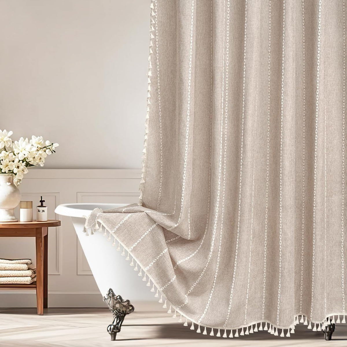Seenus Boho Farmhouse Linen Shower Curtain with Tassels, Tan Brown Heavyweight Soft Fabric Shower Curtain Striped, 72 x 72 Inch Taupe Water Repellent Rustic Country Bathroom Curtain Wrinkle-Free