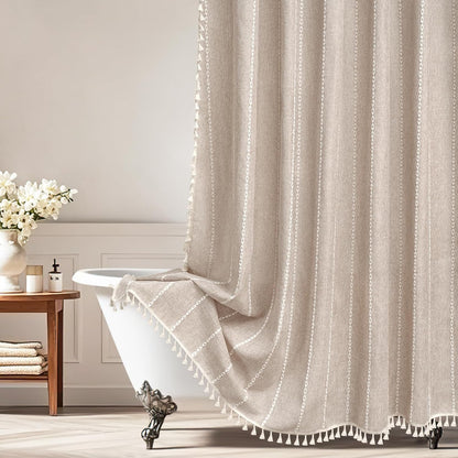 Seenus Boho Farmhouse Linen Shower Curtain with Tassels, Tan Brown Heavyweight Soft Fabric Shower Curtain Striped, 72 x 72 Inch Taupe Water Repellent Rustic Country Bathroom Curtain Wrinkle-Free