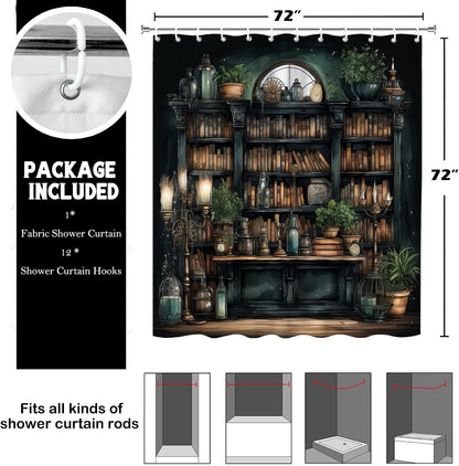 Gothic Witchy Dark Academia Bookshelf Shower Curtain 72x72 Inches