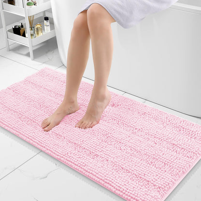 Grandaily Chenille Striped Bathroom Rugs 36x24, Extra Thick and Absorbent Bath Mats, Non-Slip Soft Plush Shaggy Shower Carpet, Machine Wash Dry, Bath Rug for Bathroom, (Large, Light Grey)