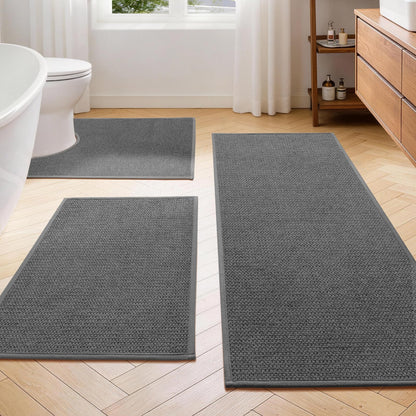 YIHOUSE Gray Bathroom Rugs Sets 3 Piece, Quick Dry Thin Bath Mat with Toilet Rug, Non Slip Absorbent Machine Washable, Bath Runner Rugs for Bathtub Sink Home Decor