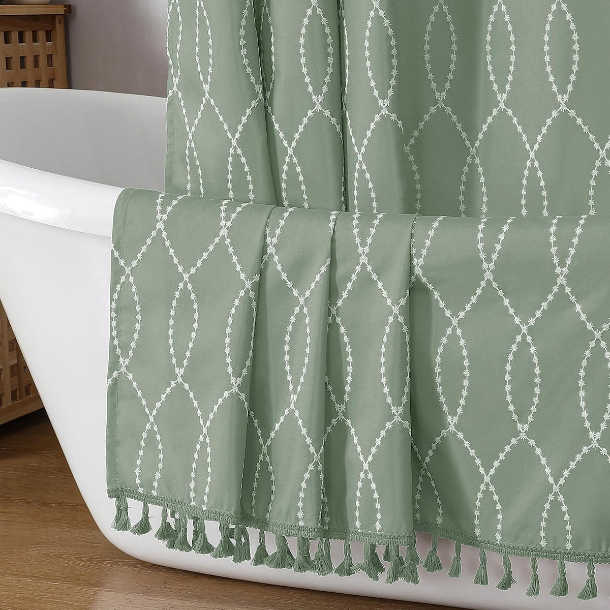 OVZME Sage Green Shower Curtain for Bathroom, Puff Printed Textured Shower Curtain with Tassels, Rustic Geometry Heavy Duty Vintage Country Bathroom Curtain, Water Resistant Fabric, 72Wx72L Inches