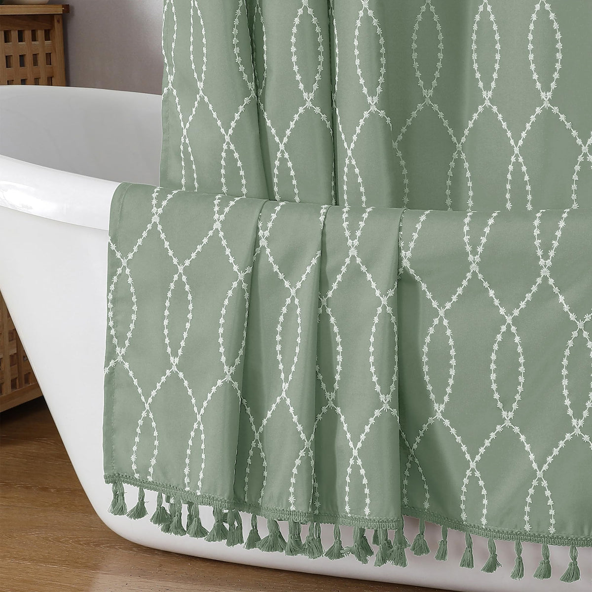 OVZME Sage Green Shower Curtain for Bathroom, Puff Printed Textured Shower Curtain with Tassels, Rustic Geometry Heavy Duty Vintage Country Bathroom Curtain, Water Resistant Fabric, 72Wx72L Inches