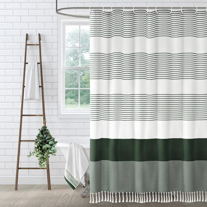 Sage Green Boho Cotton Striped Shower Curtain with Tassel 72"W X 72"L