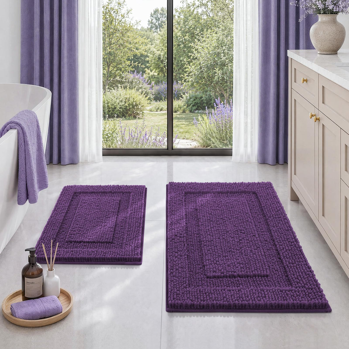HOMEIDEAS Chenille Purple Bathroom Rugs Sets 2 Piece 17" x 24" + 20" x 32"