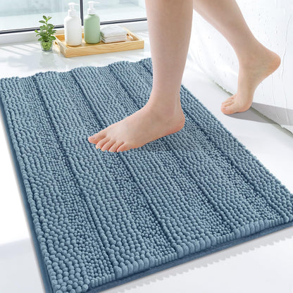 Grandaily Chenille Striped Bathroom Rugs 36x24, Extra Thick and Absorbent Bath Mats, Non-Slip Soft Plush Shaggy Shower Carpet, Machine Wash Dry, Bath Rug for Bathroom, (Large, Light Grey)