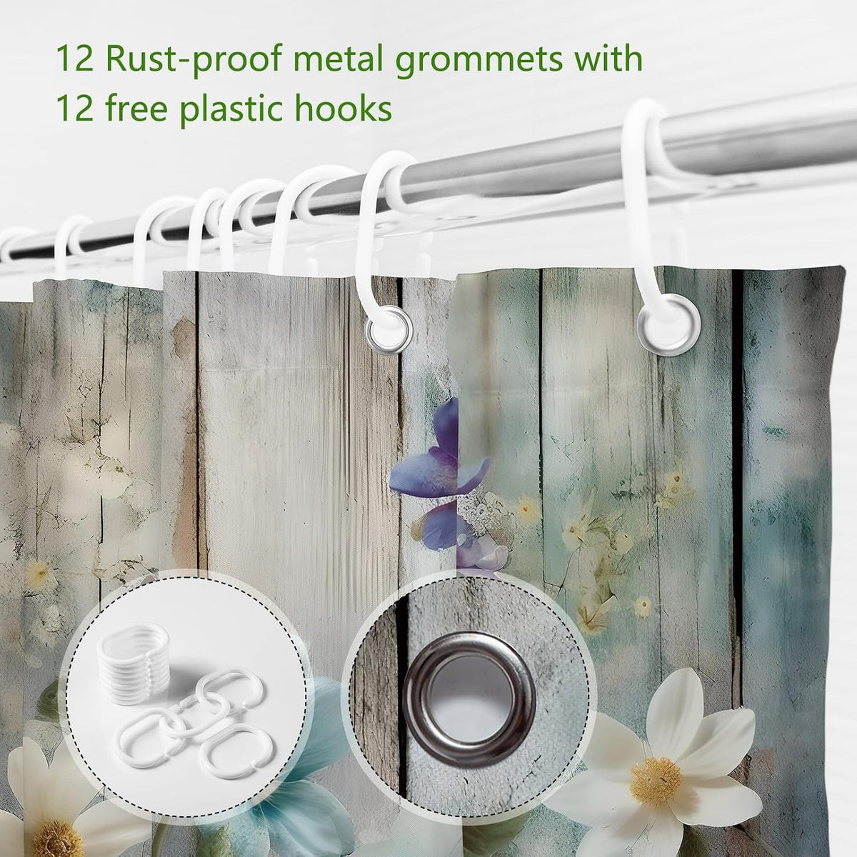 MEHOFOND Rustic Farmhouse Shower Curtain, Colorful Flowers Shower Curtains,Farm Teal Floral on Country Wooden Shower Curtain,Country Blue Wild Garden Plant Fabric Curtains for Bathroom 72x 72 inch