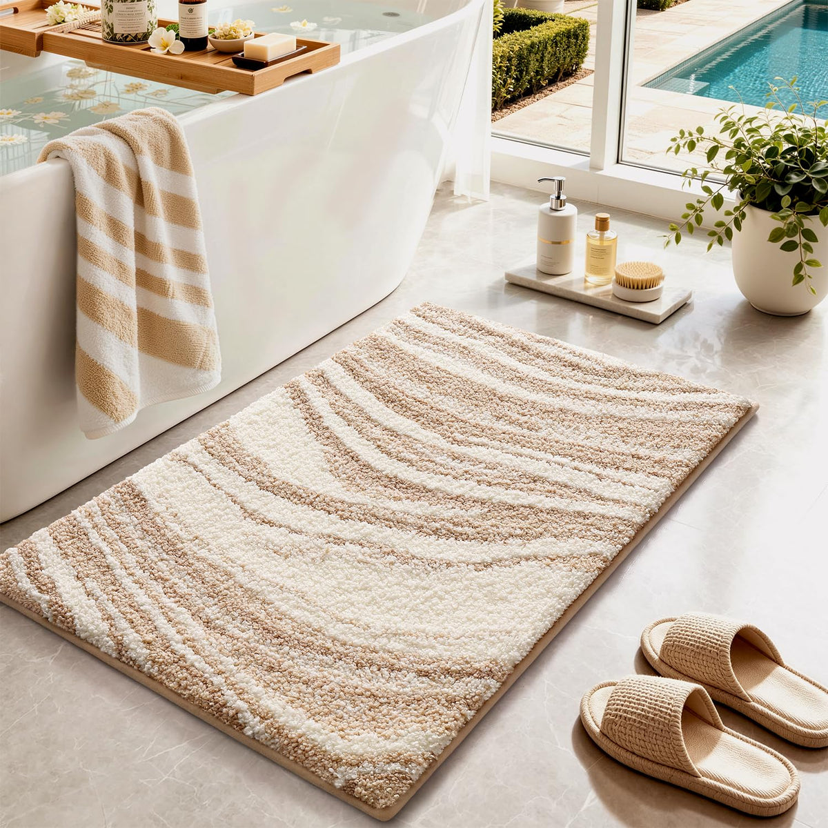 Color&Geometry Marble Bath Mat, 24"x36",Khaki Wave Bathroom Rug
