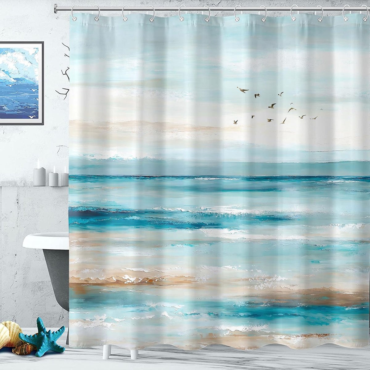 Accnicc Abstract Beach Shower Curtain Ocean Art Oil Painting Shower Curtains for Bathroom Teal Blue Coastal Seagull Waterproof Fabric Bath Curtain Decor 72 X 72 Inches