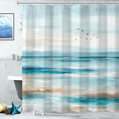 Accnicc Abstract Beach Shower Curtain Ocean Art Oil Painting Shower Curtains for Bathroom Teal Blue Coastal Seagull Waterproof Fabric Bath Curtain Decor 72 X 72 Inches