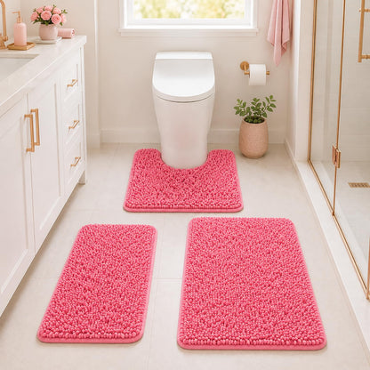 Bathroom Rugs Set Non Slip 3 Piece Bath Mat Washable Chenille Bath Rugs with PVC Backing Bath Carpet,Absorbent Bathroom Mats with Toilet Rug,Bath Mats for Bathroom,Bedroom, Kitchen,Tub,Home Decor