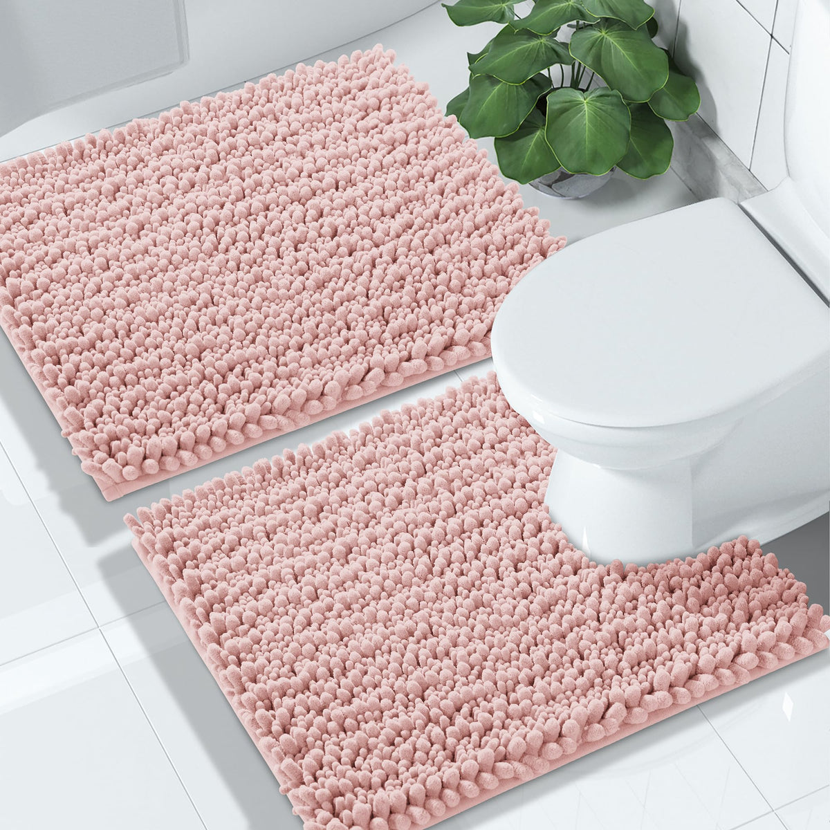 Yimobra Bathroom Rugs Sets 2 Piece - Quick Dry Extra Thick Luxury Chenille Bath Mat, Non Slip Super Absorbent for Tub Shower Sink, Machine Washable Shaggy Floor Mat, 32"x20"+24"x17" Inch, Pale Khaki