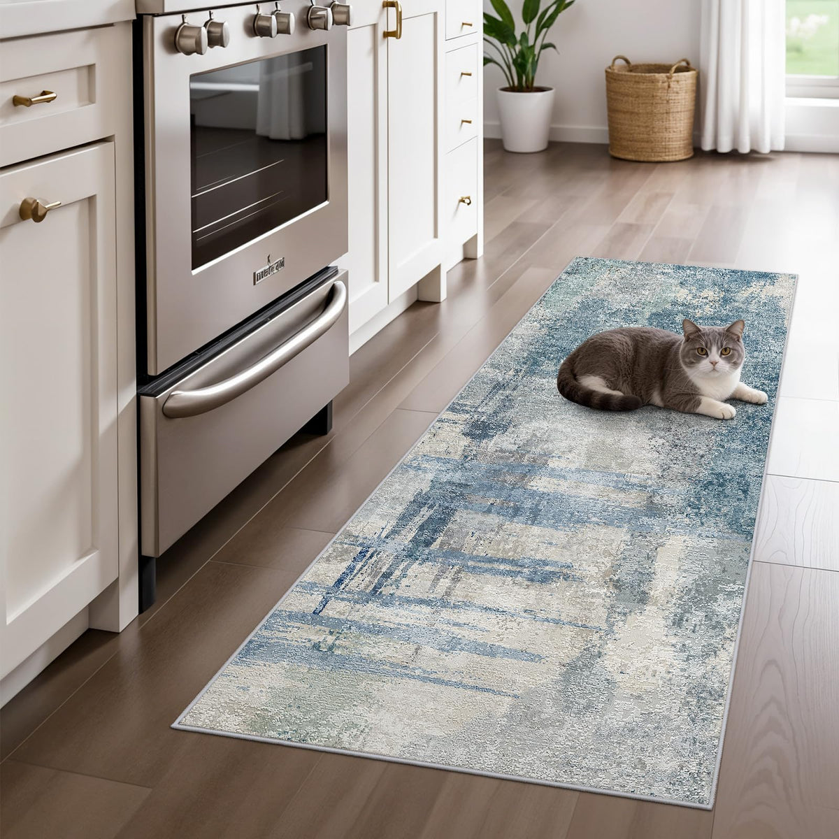 2x3 Abstract Washable Bath Mat: Blue Non Slip Small Rugs for Bathroom