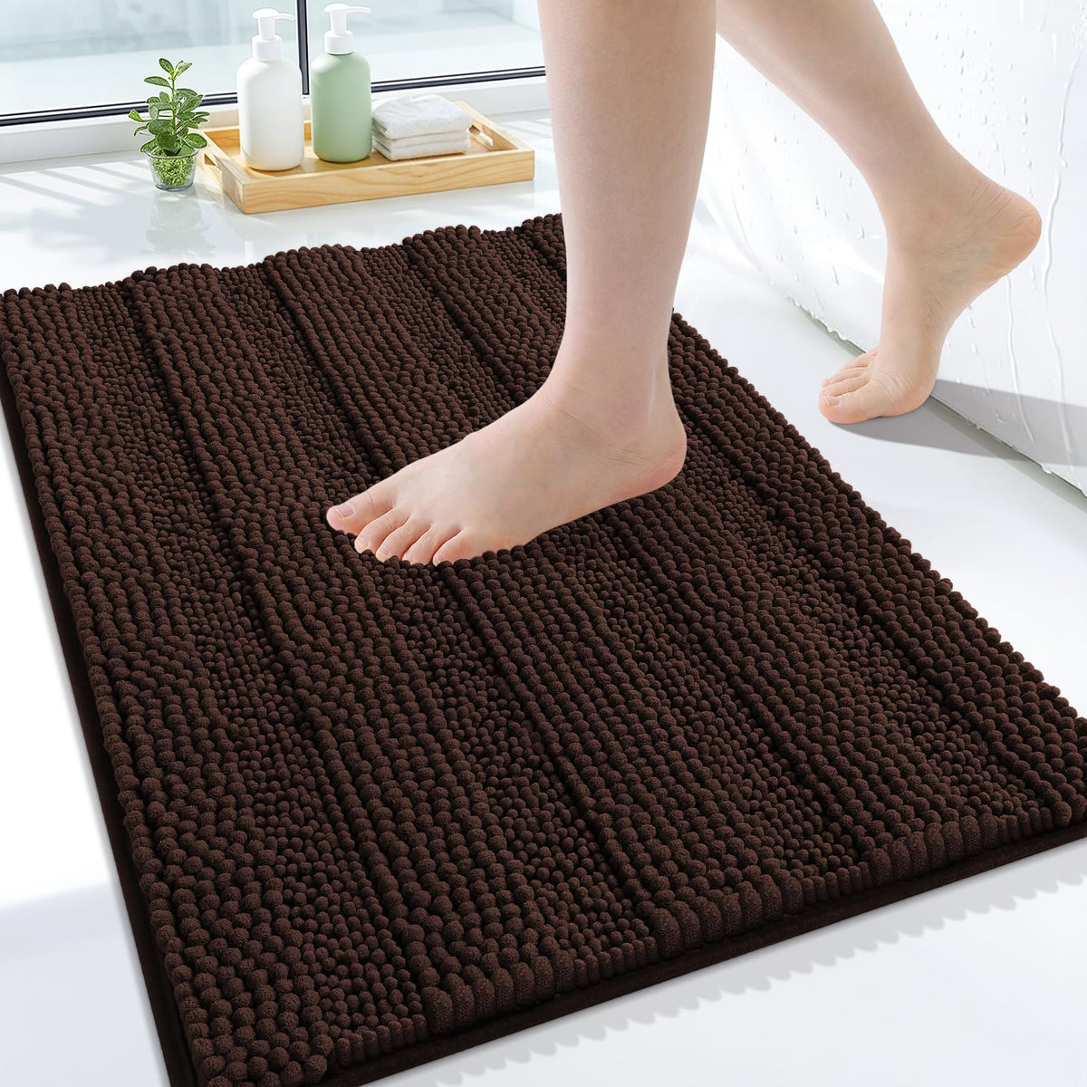 Grandaily Chenille Striped Bathroom Rugs 36x24, Extra Thick and Absorbent Bath Mats, Non-Slip Soft Plush Shaggy Shower Carpet, Machine Wash Dry, Bath Rug for Bathroom, (Large, Light Grey)