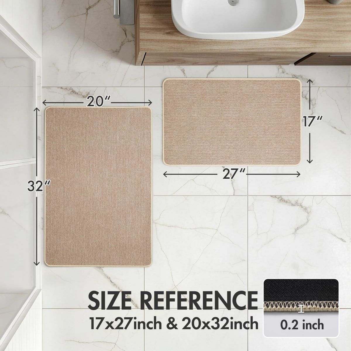 MIULEE Bathroom Rugs Set 2 Pieces, Thin Bath Mats Beige 17"x27"+20"x32"