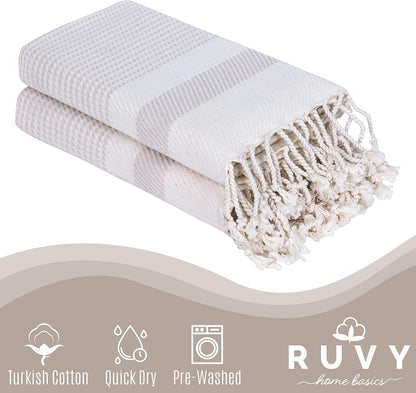 Ruvy Home Basics Turkish Hand Towels for Bathroom Set of 2 | 18"x40", Cotton | Decorative Towel for Bathroom, Kitchen, Dishcloth, Tea, Yoga, Face, Gym - Beige