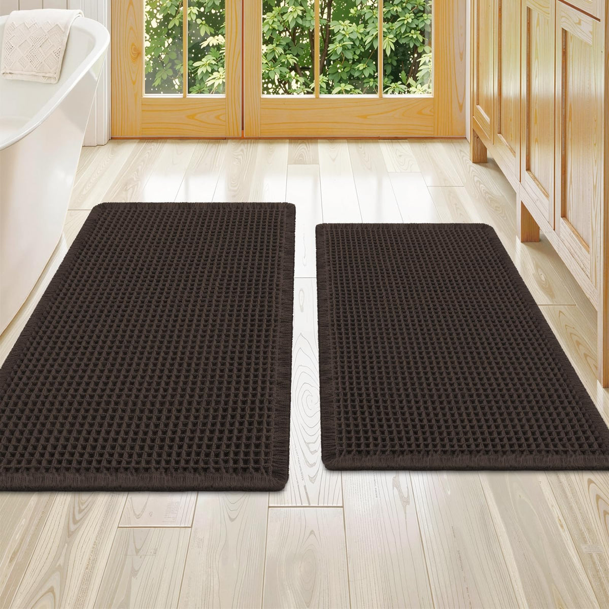 Smiry Waffle Bathroom Rugs Sets 2 Piece (30x20+24x16, Brown)