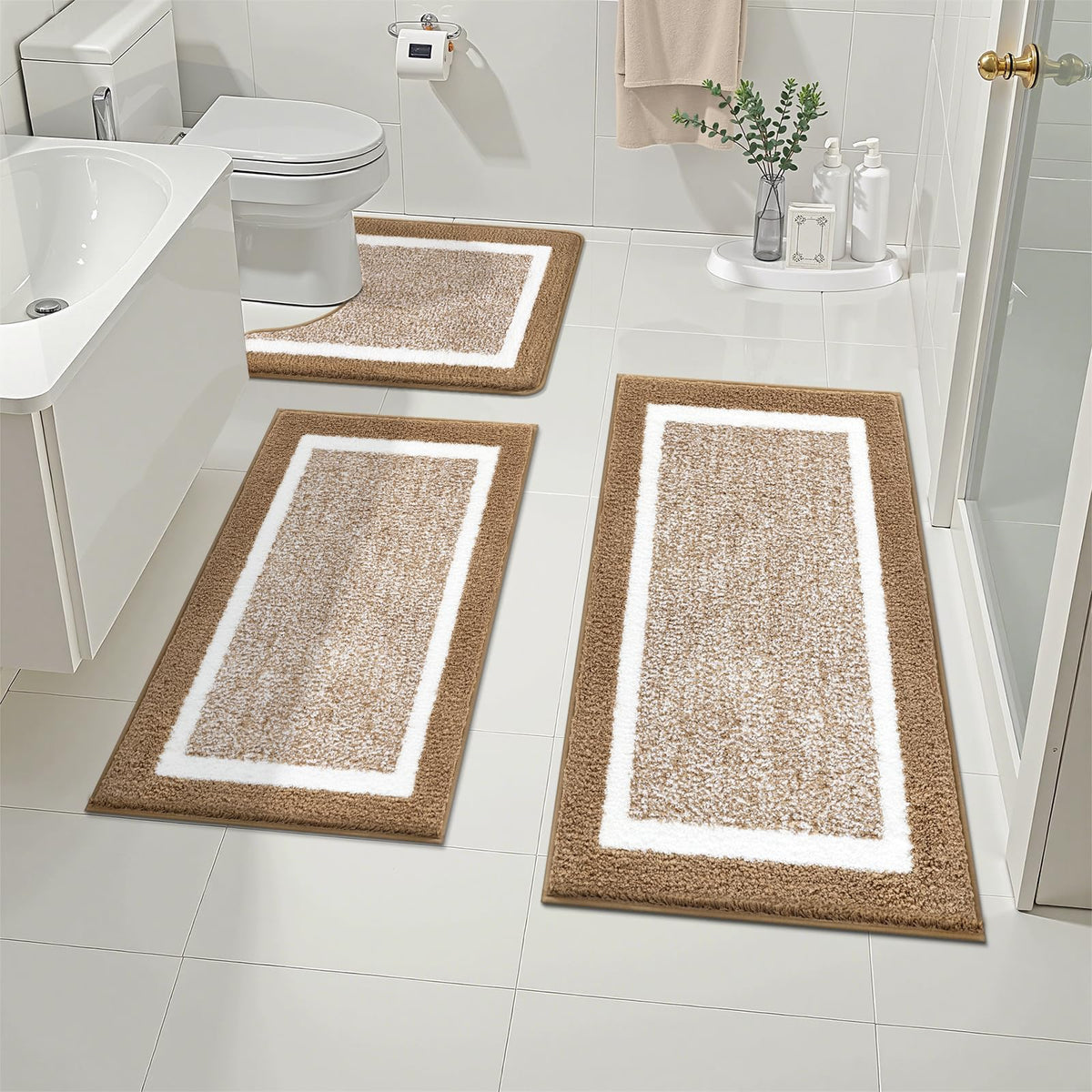 Pauwer Bathroom Rugs 3 Piece Set, Non Slip Washable Bath Mat, Dark Grey