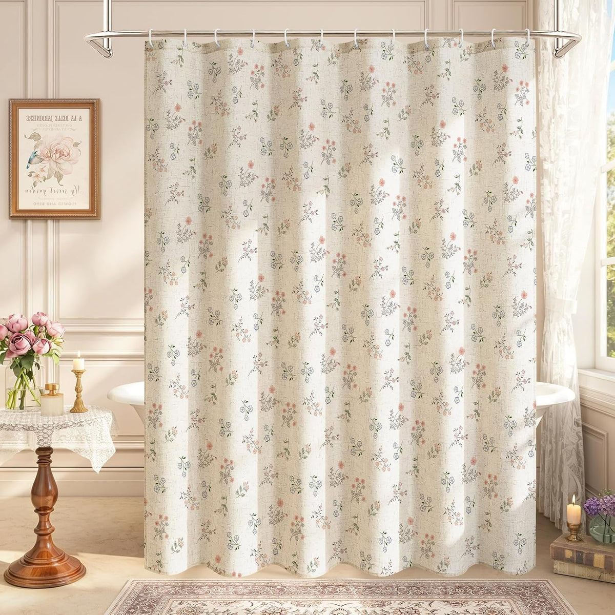 Farmhouse Linen Shower Curtain, Boho Garden Floral Curtain, 72 x 72
