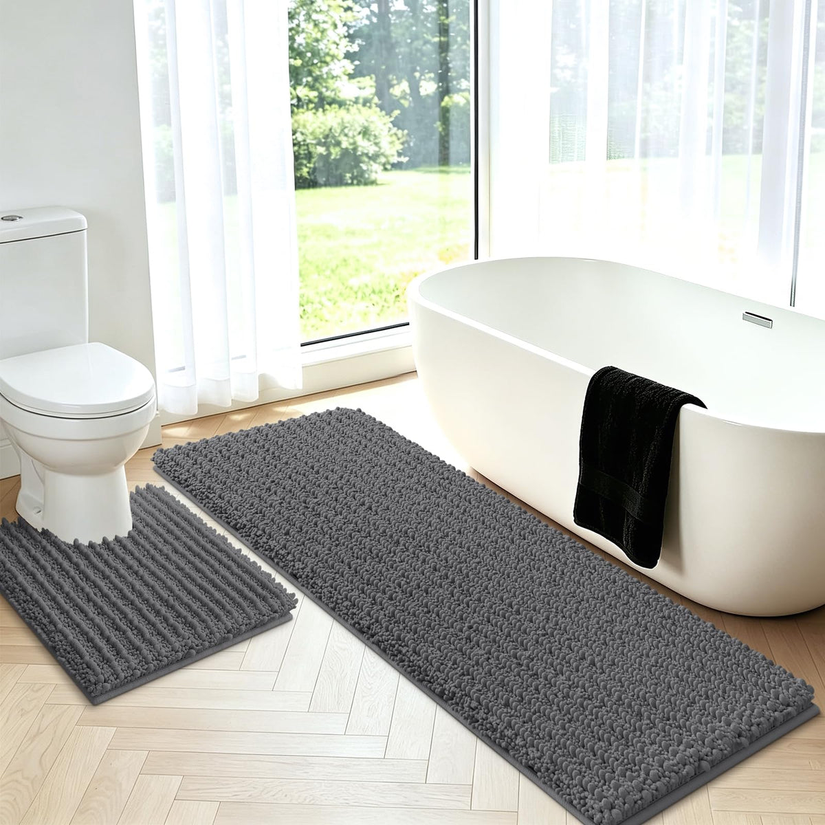 ACCUMTEK Upgrade Extra Large Black Bathroom Rug Set 3 Pieces Ultra Soft, Thick Absorbent Bath Mats, Non Slip Chenille Toilet Mat for Bathroom, Bedroom, Kitchen