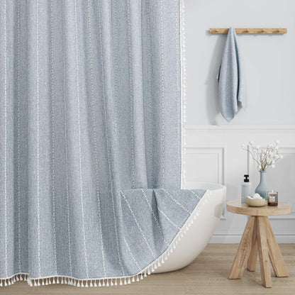 Boho Farmhouse Tassel Linen Shower Curtain,3D Embroidery Stripe Black,72x72