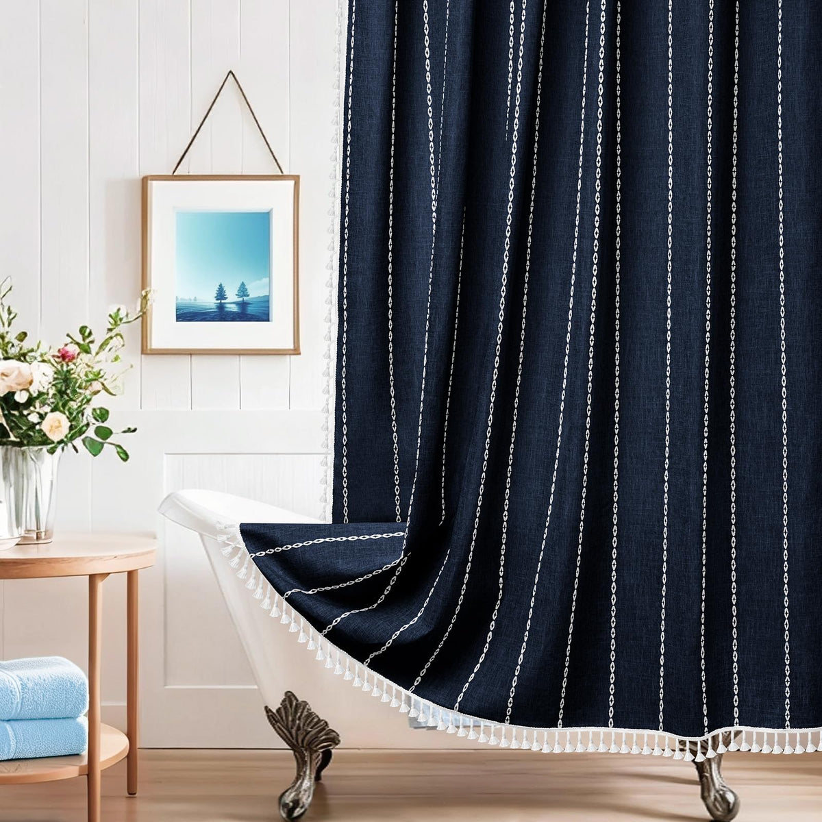 Seenus Boho Farmhouse Linen Shower Curtain with Tassels, Tan Brown Heavyweight Soft Fabric Shower Curtain Striped, 72 x 72 Inch Taupe Water Repellent Rustic Country Bathroom Curtain Wrinkle-Free