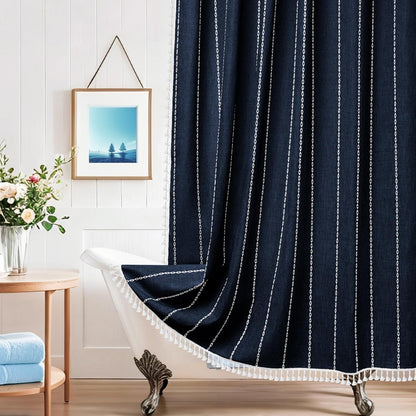Seenus Boho Farmhouse Linen Shower Curtain with Tassels, Tan Brown Heavyweight Soft Fabric Shower Curtain Striped, 72 x 72 Inch Taupe Water Repellent Rustic Country Bathroom Curtain Wrinkle-Free
