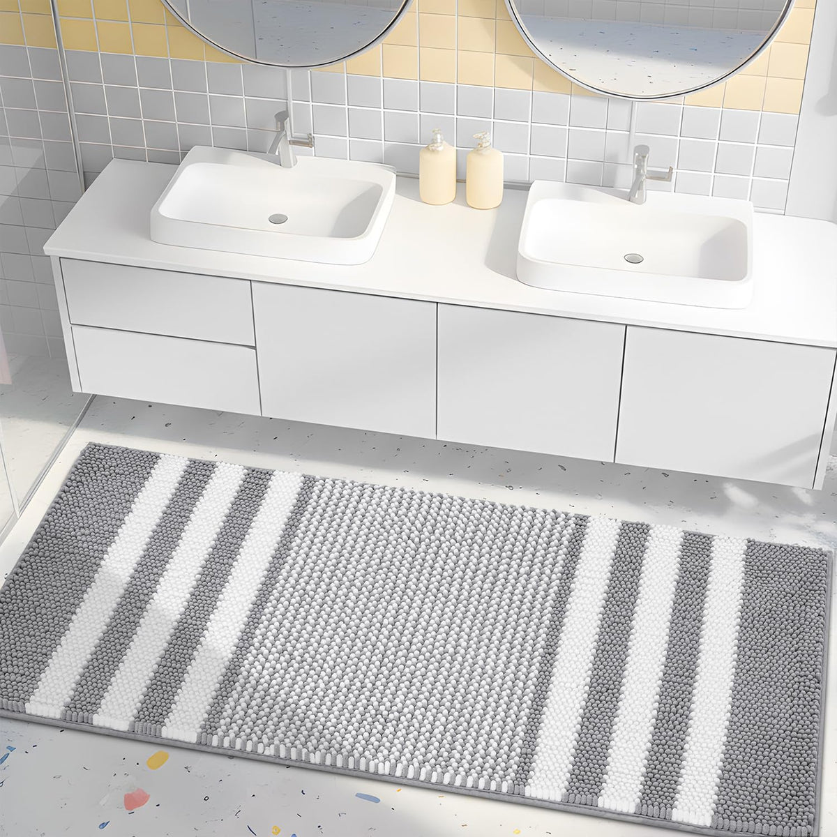 BSICPRO Bathroom Rugs Sets 2 Piece, Non Slip Striped Bath Mats, Fog Blue