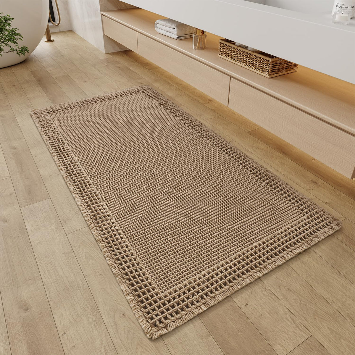 RESARE Waffle Bathroom Runner Rugs, Non Slip Boho Bath Mat 24"x72" Brown