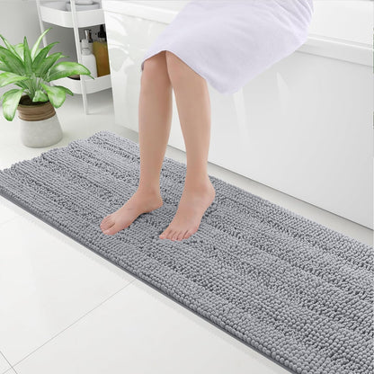 Grandaily Chenille Striped Bathroom Rugs 36x24, Extra Thick and Absorbent Bath Mats, Non-Slip Soft Plush Shaggy Shower Carpet, Machine Wash Dry, Bath Rug for Bathroom, (Large, Light Grey)