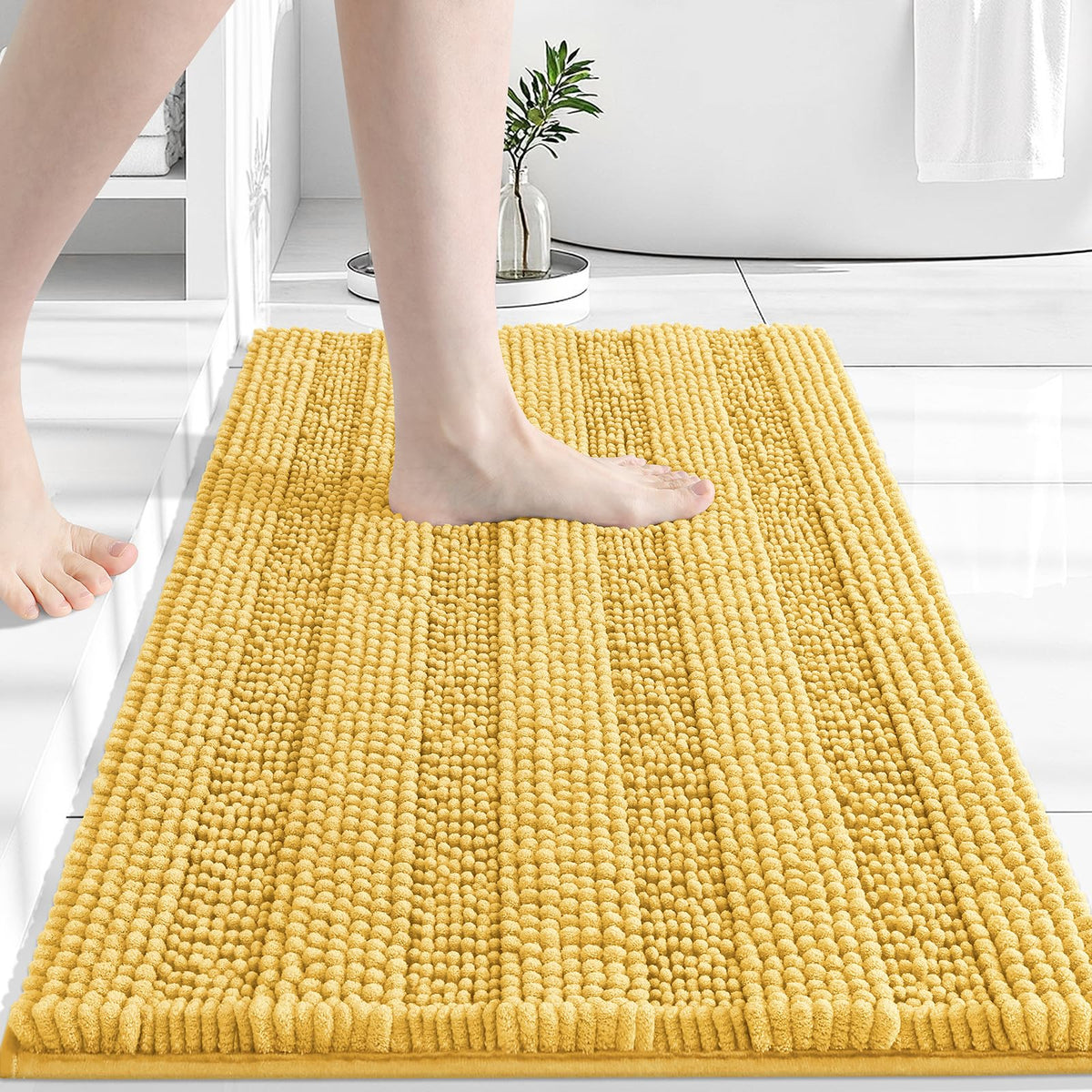 Grandaily Chenille Striped Bathroom Rugs 36x24, Extra Thick and Absorbent Bath Mats, Non-Slip Soft Plush Shaggy Shower Carpet, Machine Wash Dry, Bath Rug for Bathroom, (Large, Light Grey)