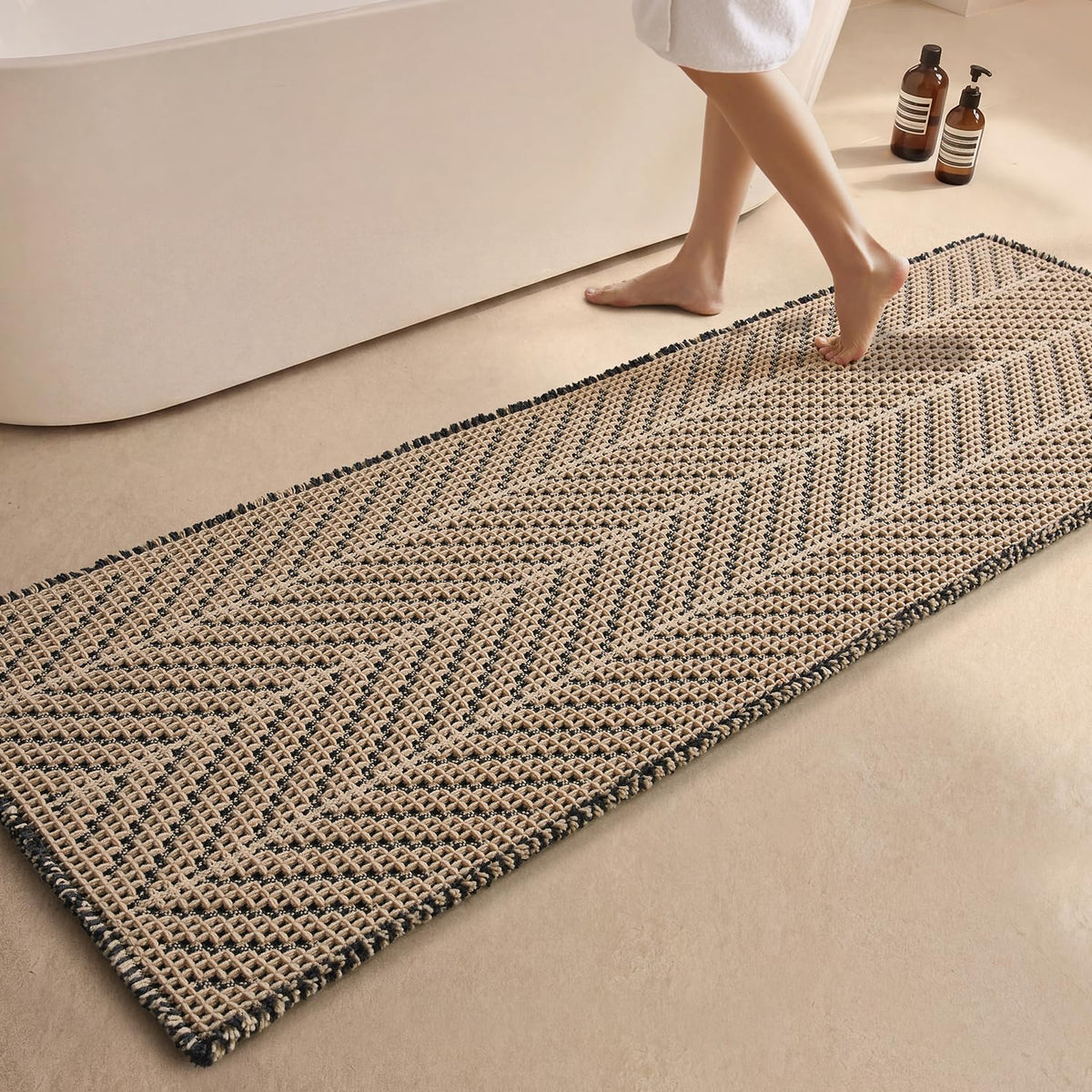 Sunfly Boho Bathroom Rug, Herringbone Waffle Bath Mat Non-Slip Washable Super Absorbent Quick Dry, Farmhouse Bath Mat for Bathroom Floor Decor 20"*30" Khaki