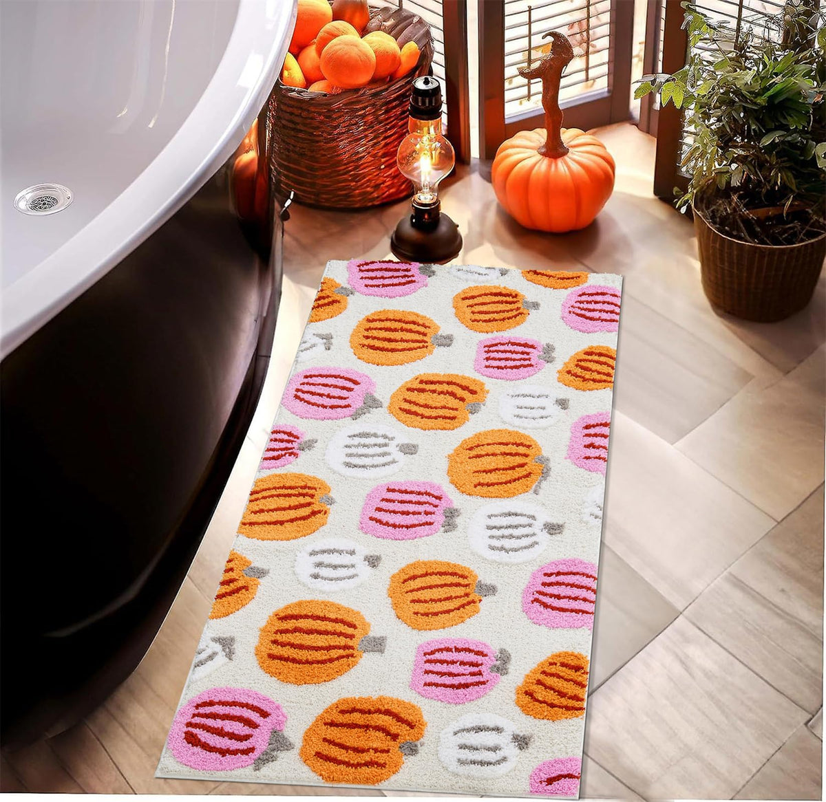 Burnt Orange Pumpkins Bath Mats Non Slip Washable, Microfiber Boho Cute Fall Autumn Bath Rug Absorbent, 16’’W x 24’’L Rustic Farmhouse Country Fall Bathroom Mat Aesthetic Decor