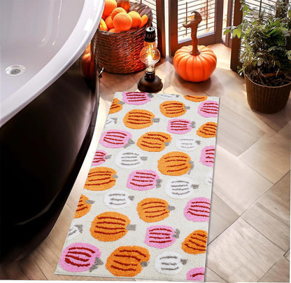 Burnt Orange Pumpkins Bath Mats Non Slip Washable, Microfiber Boho Cute Fall Autumn Bath Rug Absorbent, 16’’W x 24’’L Rustic Farmhouse Country Fall Bathroom Mat Aesthetic Decor
