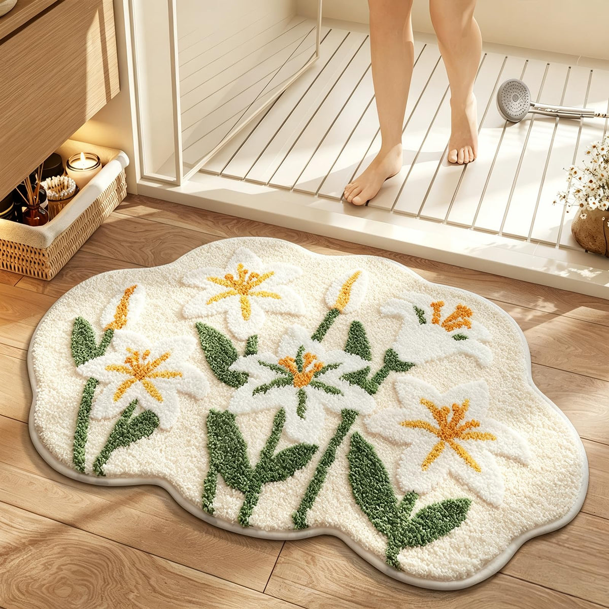 Cloud-Shaped Lily Bath Mat, Soft Non-Slip Fluffy Fresh Flowers Bathroom Rug, Ultra Absorbent Microfiber Shaggy Door Mat, Machine Washable Bath Rug Carpet for Bathtub Bedroom 20x31 Inch (White)