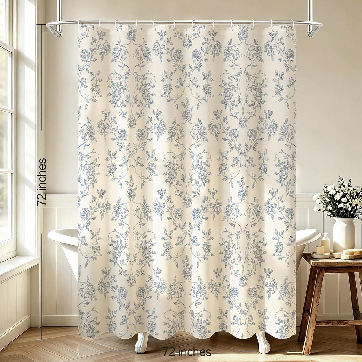 MitoVilla Vintage Farmhouse Blue Floral Poly-Cotton Shower Curtain, 72x72