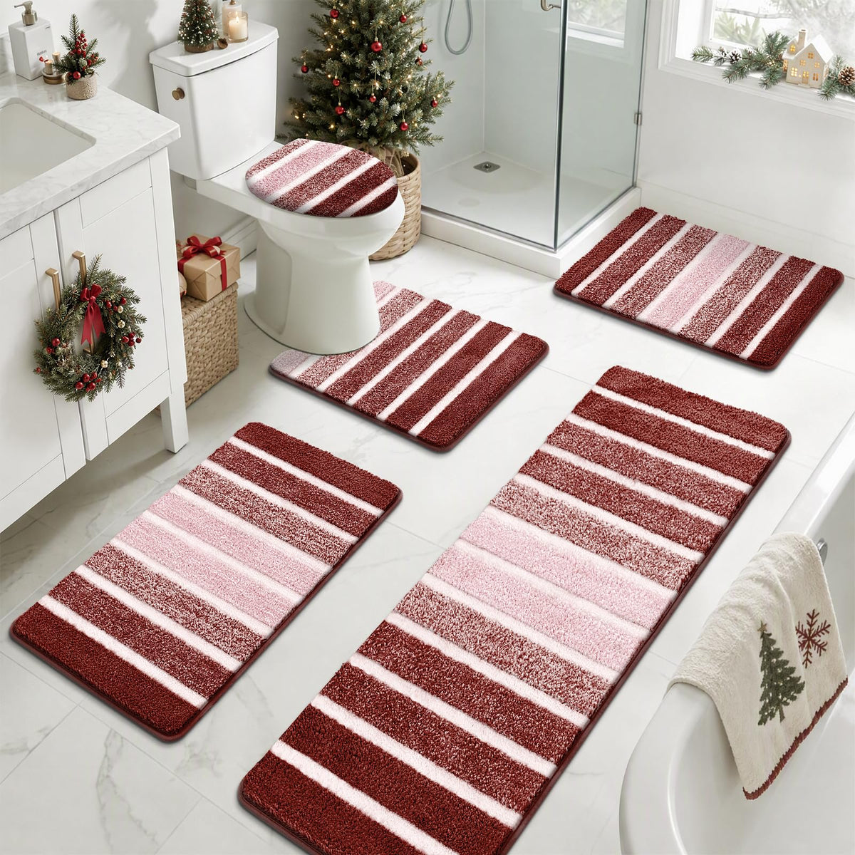 Yamaziot Sage Green Bathroom Rug Set 5 Piece Washable Non Slip Striped Mat