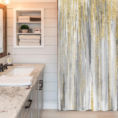 JAWO Abstract Shower Curtain,Modern Aesthetic Abstract Stripe Shower Curtain Set, Yellow Blue Grey Contemporary Abstract Painting Fabric Shower Curtains