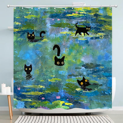 Accnicc Cute Cat Shower Curtain Funny Fun Cool Cats Monet Shower Curtains for Bathroom Water Lilies Waterproof Fabric Bath Curtain Decor 72 X 72 Inch