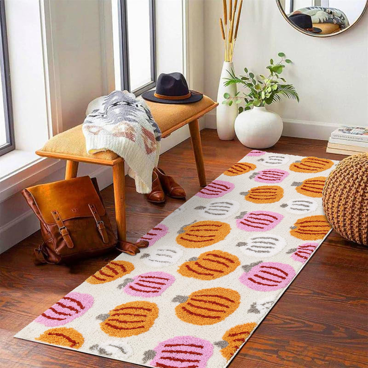 Burnt Orange Pumpkins Bath Mats Non Slip Washable, Microfiber Boho Cute Fall Autumn Bath Rug Absorbent, 16’’W x 24’’L Rustic Farmhouse Country Fall Bathroom Mat Aesthetic Decor
