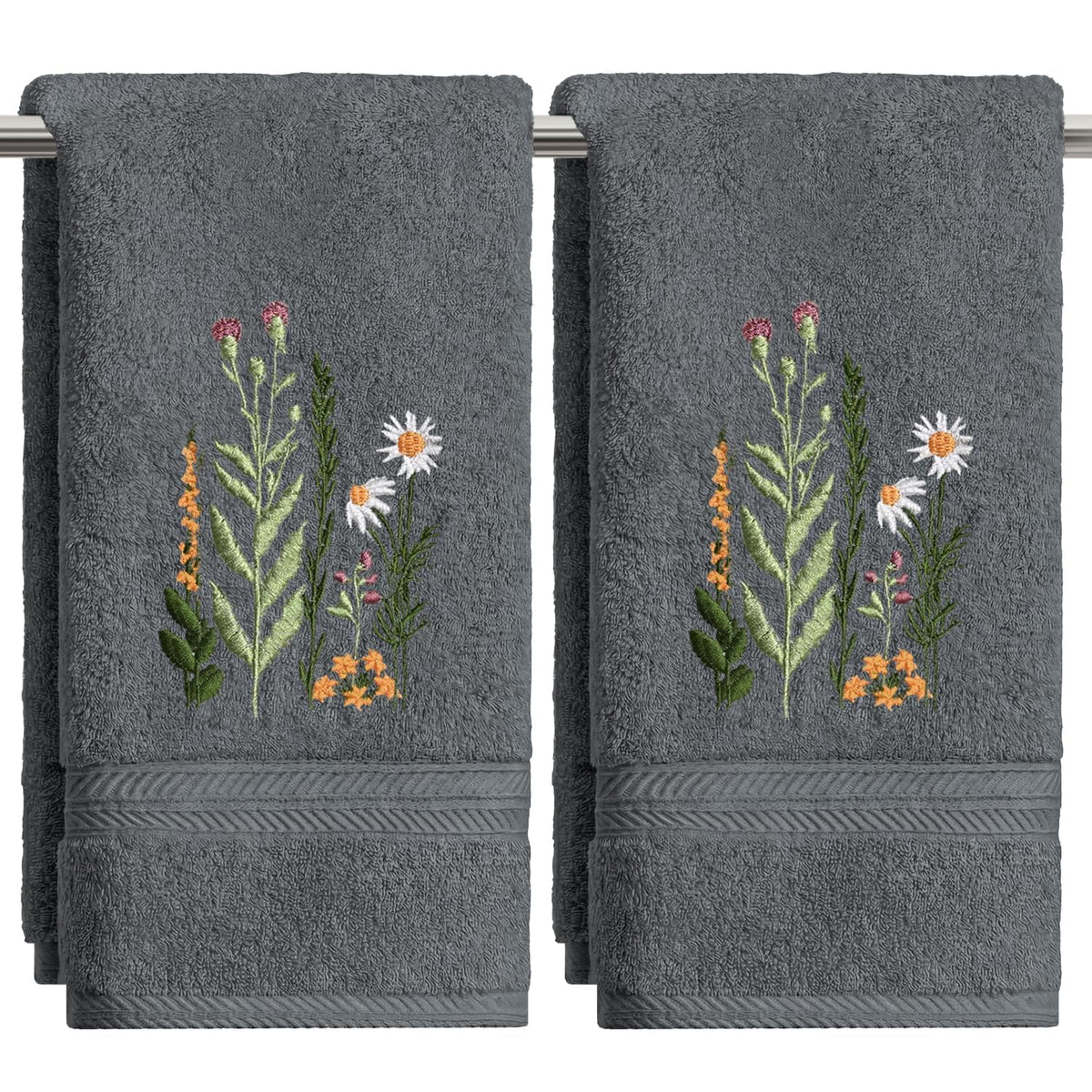 Artoid Mode 2 Pcs Beige Wildflower Floral Embroidered Hand Towels for Bathroom, 100% Cotton Soft Absorbent Farmhouse Decor Towels, 13.7 x 29.5 Inch