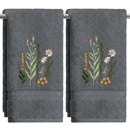 Artoid Mode 2 Pcs Beige Wildflower Floral Embroidered Hand Towels for Bathroom, 100% Cotton Soft Absorbent Farmhouse Decor Towels, 13.7 x 29.5 Inch