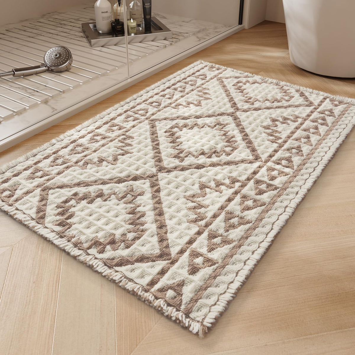 PADOOR-Waffle Bath Mat-Super Absorbent Bath Mats for Bathroom, Machine Washable Non Slip Bathroom Rug with Tassels, Soft Bathroom Mat for Laundry Room, Bedroom, Brown & Cream, 17"x28"