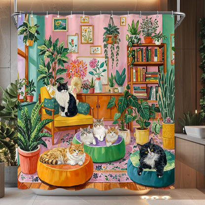 Funny Cat Shower Curtain Boho Cute Fun Black Cats Matisse Shower Curtains for Bathroom Kitten Green Tropical Plant Leaves Pink Orange Yellow Waterproof Fabric Bath Curtain Decor 72 X 72 Inches