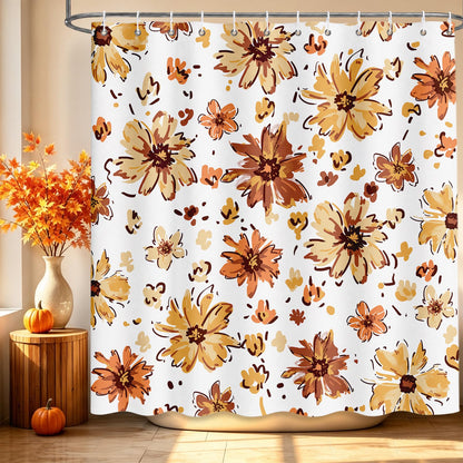 MEHOFOND Autumn Pumpkin Shower Curtain Maple Leaves Floral Bath Curtain