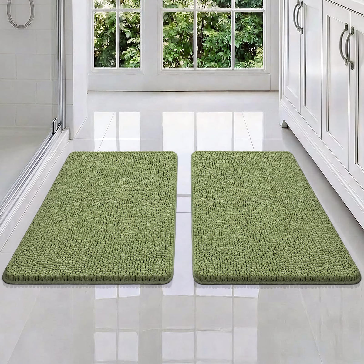 Bcoimo Bath Rug Mat,Sage Chenille High Absorbent Long Bathroom Runner Rugs