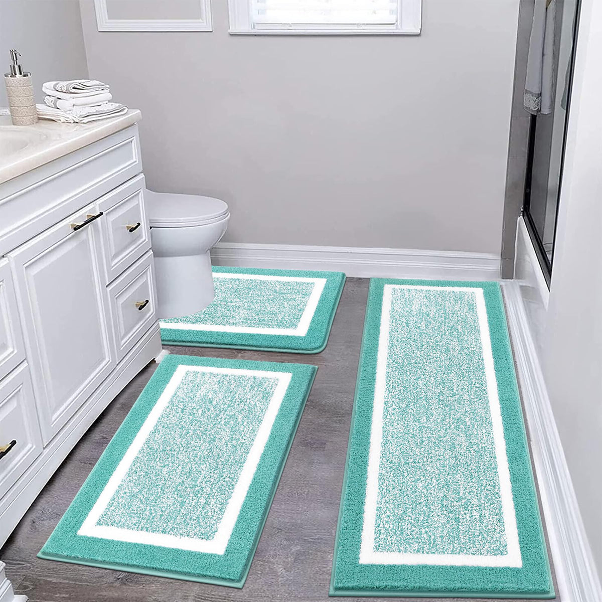 Pauwer Bathroom Rugs 3 Piece Set, Non Slip Washable Bath Mat, Dark Grey